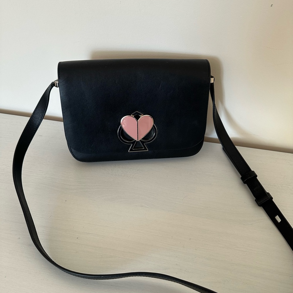 Kate Spade ♠️ Black Leather Crossbody Bag with Pink Spade Accent